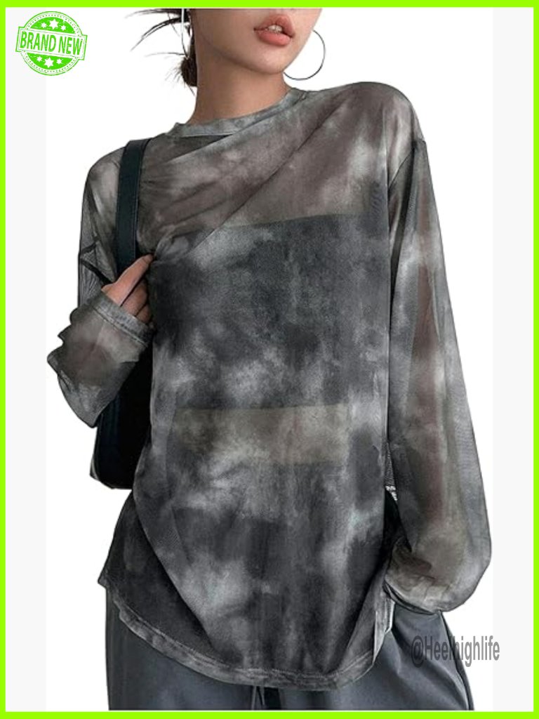Y2k Tie Dye Sheer Mesh Long Sleeve Oversized Rave Streetwear Top